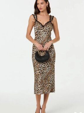 ASTR The Label Lace Trim Satin Midi Slip Dress | Leopard Print | XS